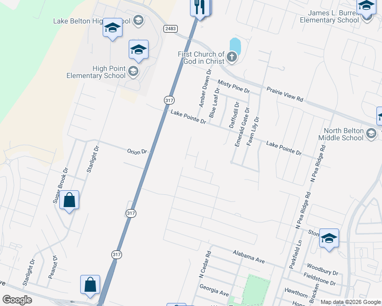 map of restaurants, bars, coffee shops, grocery stores, and more near 9303 Lake Pointe Drive in Temple