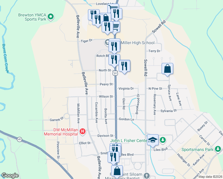 map of restaurants, bars, coffee shops, grocery stores, and more near 1515 Douglas Avenue in Brewton