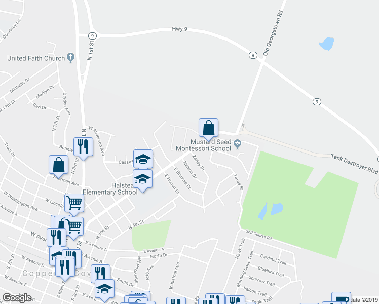map of restaurants, bars, coffee shops, grocery stores, and more near 1625 North Main Street in Copperas Cove
