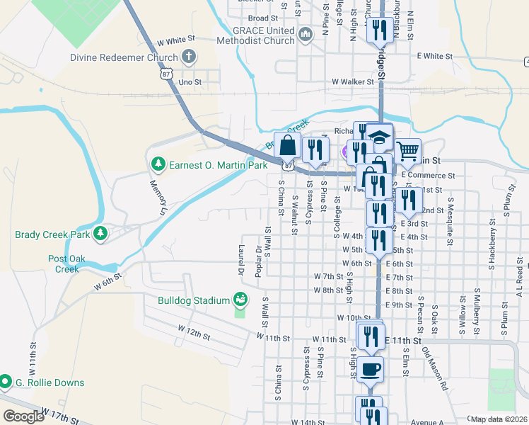 map of restaurants, bars, coffee shops, grocery stores, and more near 301 Shanan Street in Brady