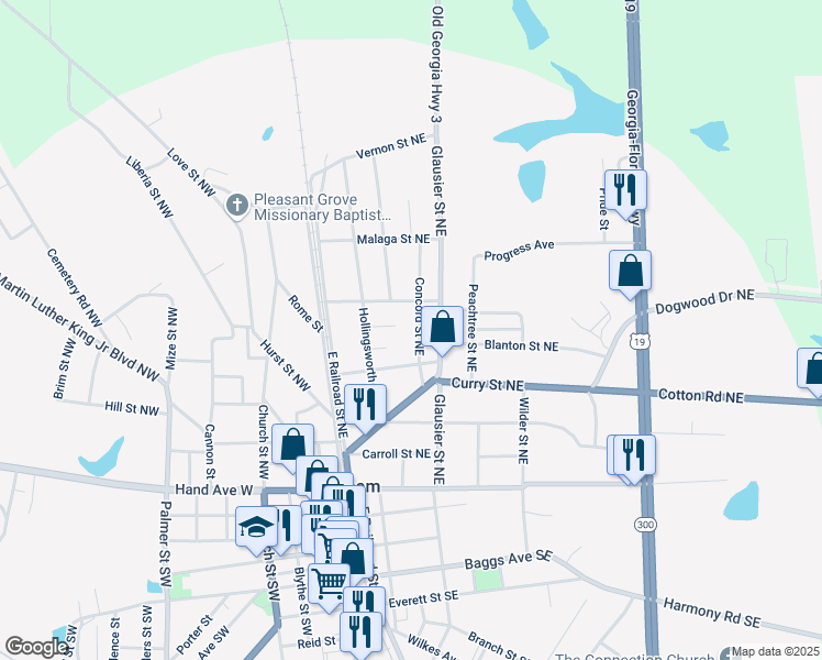 map of restaurants, bars, coffee shops, grocery stores, and more near 249 Concord Street Northeast in Pelham