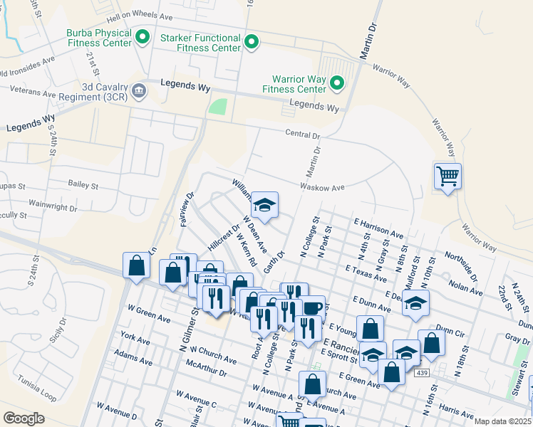 map of restaurants, bars, coffee shops, grocery stores, and more near 700 Whitlow Drive in Killeen