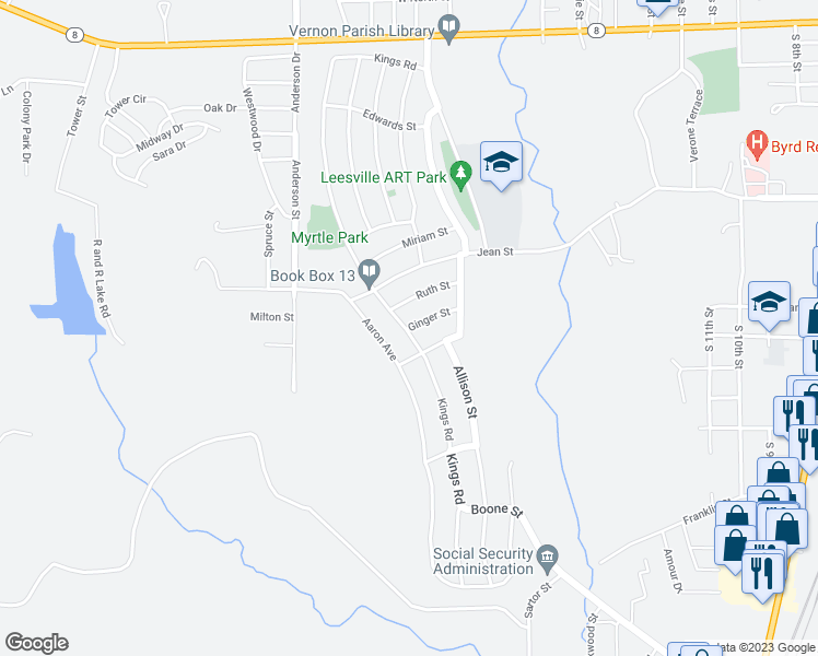 map of restaurants, bars, coffee shops, grocery stores, and more near 2006 Ginger Street in Leesville