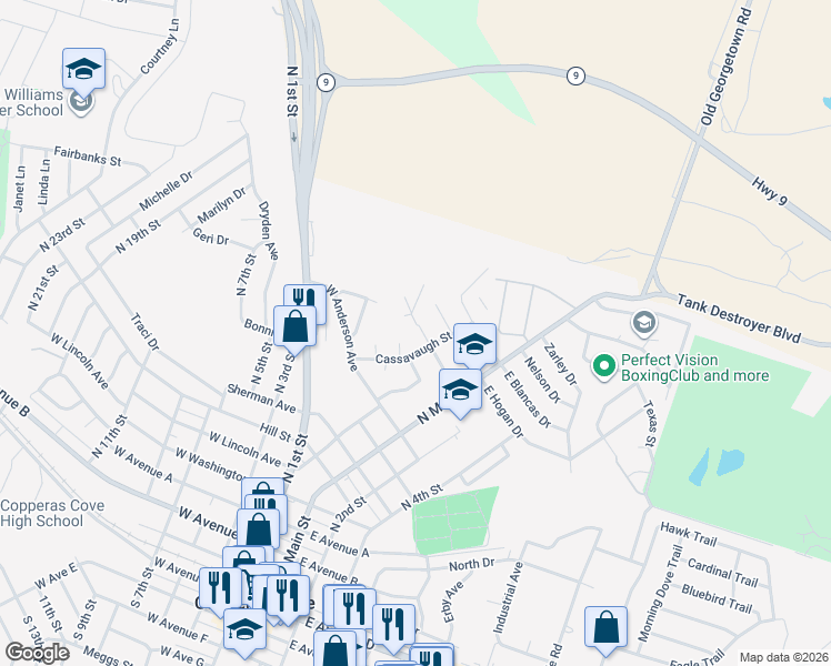 map of restaurants, bars, coffee shops, grocery stores, and more near 205 Jason Drive in Copperas Cove