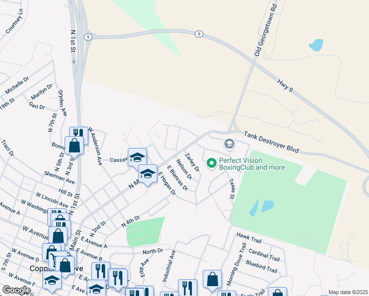 map of restaurants, bars, coffee shops, grocery stores, and more near 105 Zarley Drive in Copperas Cove