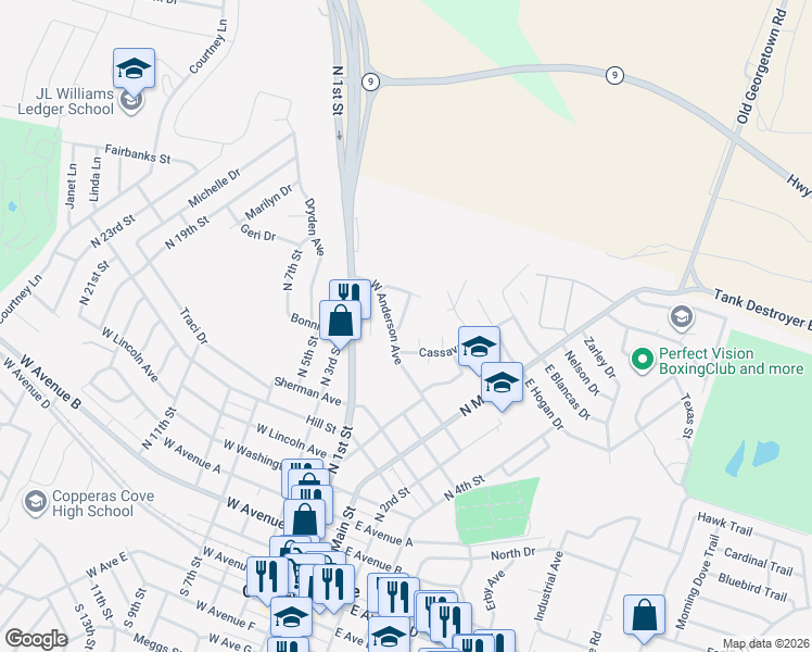 map of restaurants, bars, coffee shops, grocery stores, and more near 304 West Anderson Avenue in Copperas Cove