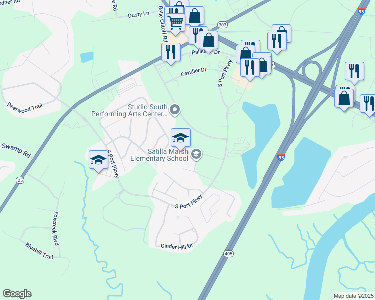 map of restaurants, bars, coffee shops, grocery stores, and more near 360 South Port Parkway in Brunswick