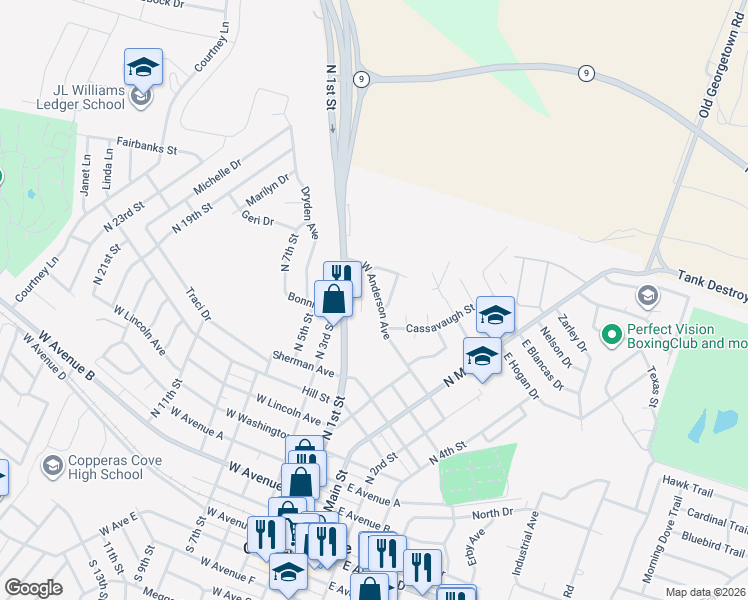 map of restaurants, bars, coffee shops, grocery stores, and more near 405 West Anderson Avenue in Copperas Cove