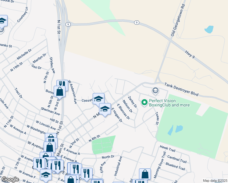 map of restaurants, bars, coffee shops, grocery stores, and more near 1613 North Main Street in Copperas Cove