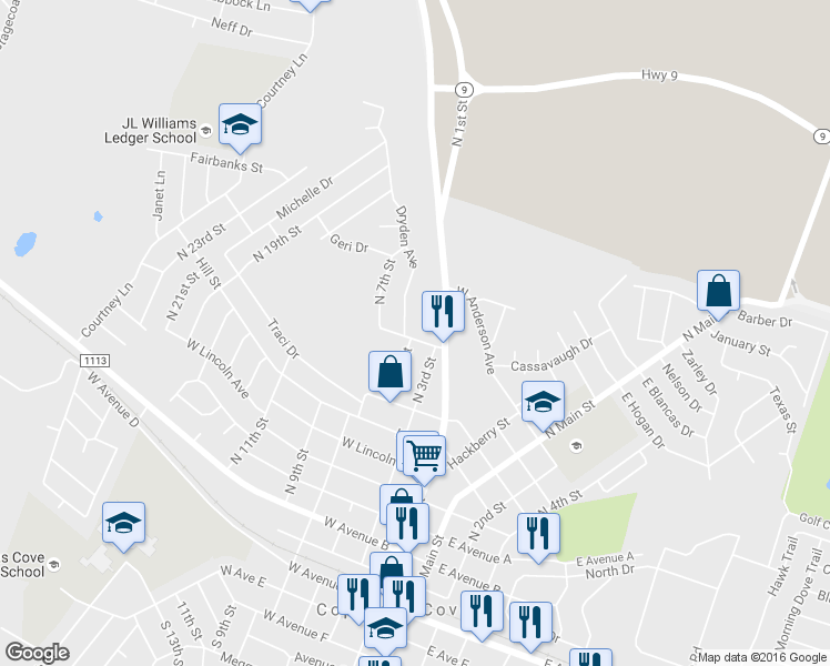 map of restaurants, bars, coffee shops, grocery stores, and more near 809 North 3rd Street in Copperas Cove