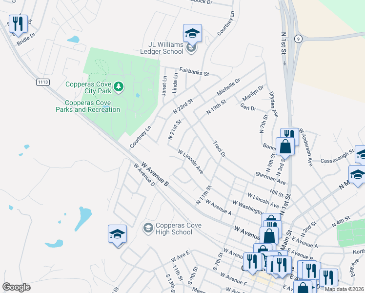map of restaurants, bars, coffee shops, grocery stores, and more near 1005 West Lincoln Avenue in Copperas Cove
