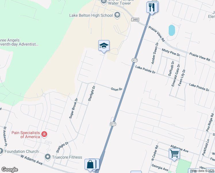 map of restaurants, bars, coffee shops, grocery stores, and more near 9804 Orion Drive in Temple