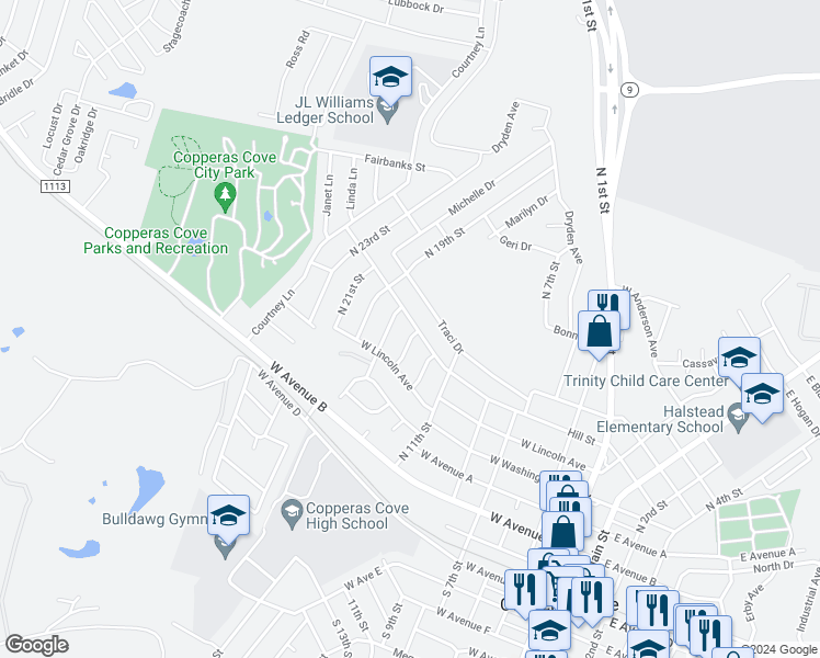 map of restaurants, bars, coffee shops, grocery stores, and more near 901 Hill Street in Copperas Cove