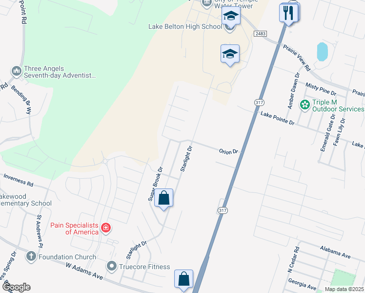 map of restaurants, bars, coffee shops, grocery stores, and more near 9916 Orion Drive in Temple