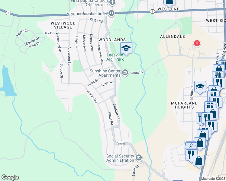map of restaurants, bars, coffee shops, grocery stores, and more near 2001 Ginger Street in Leesville