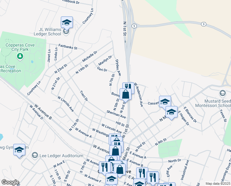 map of restaurants, bars, coffee shops, grocery stores, and more near 901 Dryden Avenue in Copperas Cove