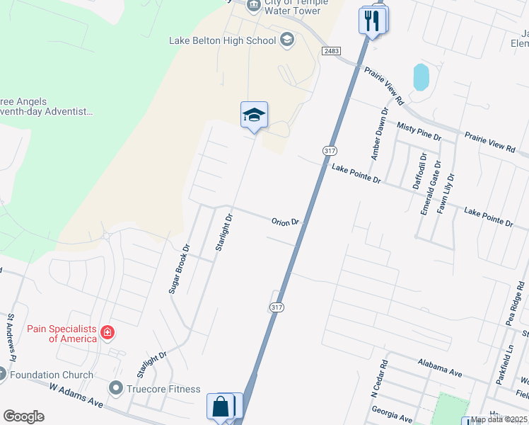 map of restaurants, bars, coffee shops, grocery stores, and more near 9804 Orion Drive in Temple