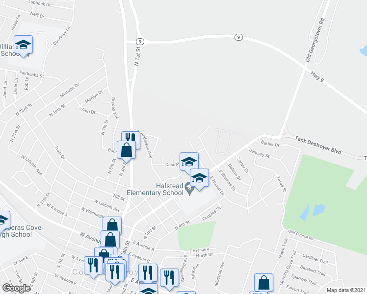 map of restaurants, bars, coffee shops, grocery stores, and more near 212 West Hogan Drive in Copperas Cove