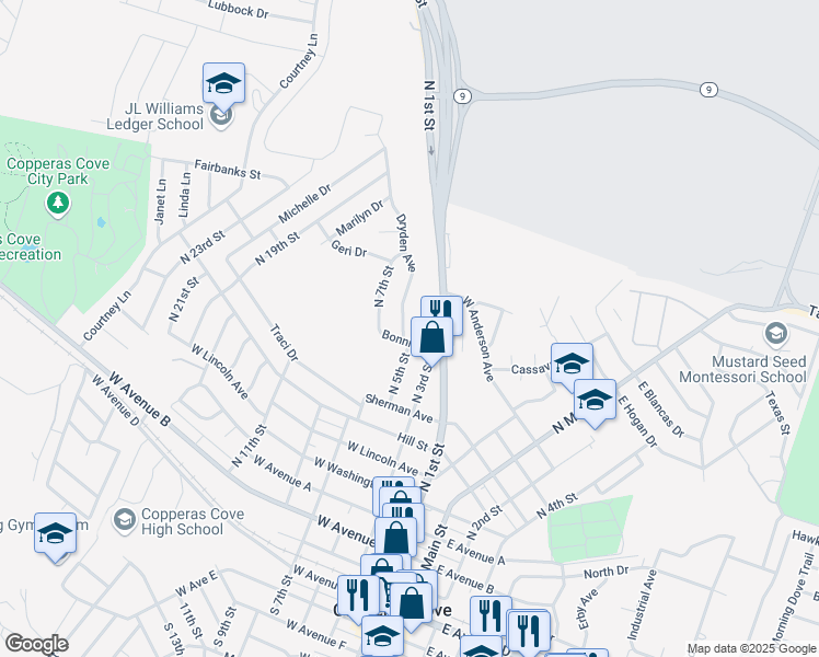 map of restaurants, bars, coffee shops, grocery stores, and more near 903 North 1st Street in Copperas Cove