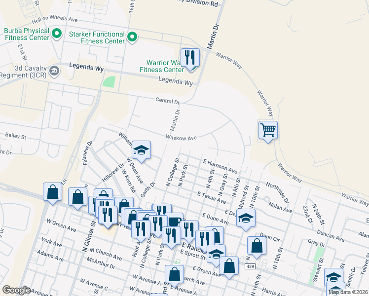 map of restaurants, bars, coffee shops, grocery stores, and more near 1906 North College Street in Killeen
