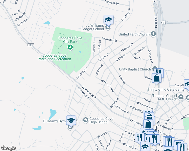 map of restaurants, bars, coffee shops, grocery stores, and more near 611 North 21st Street in Copperas Cove
