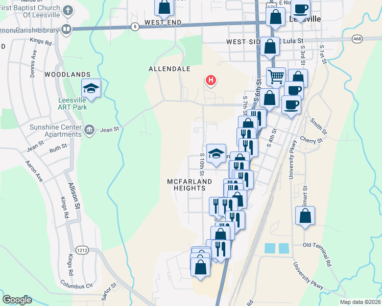 map of restaurants, bars, coffee shops, grocery stores, and more near 1006-1098 South 10th Street in Leesville