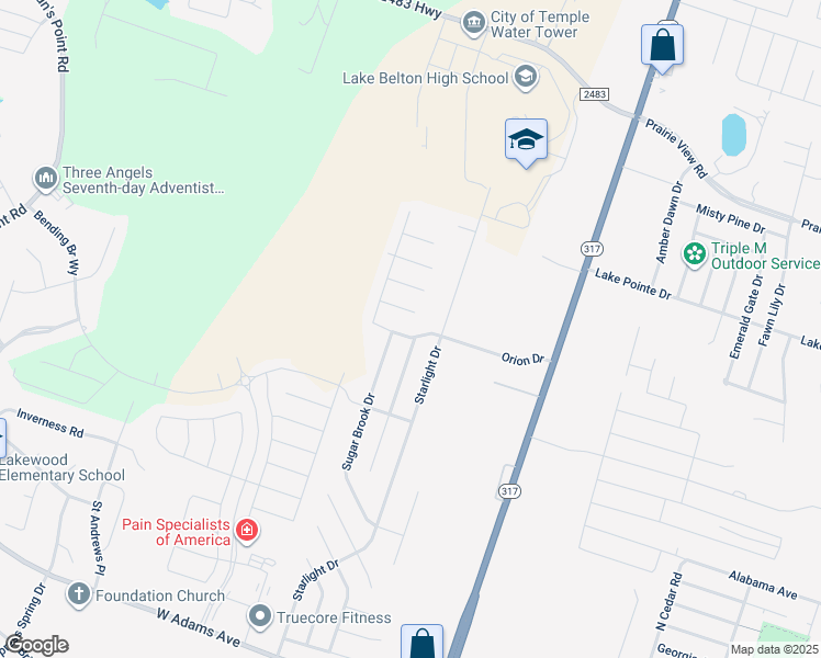 map of restaurants, bars, coffee shops, grocery stores, and more near 9916 Orion Drive in Temple