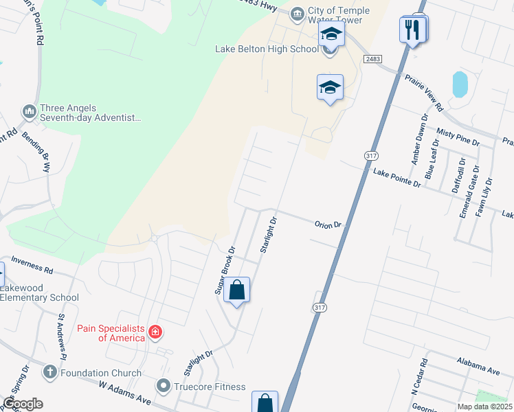 map of restaurants, bars, coffee shops, grocery stores, and more near 9916 Orion Drive in Temple