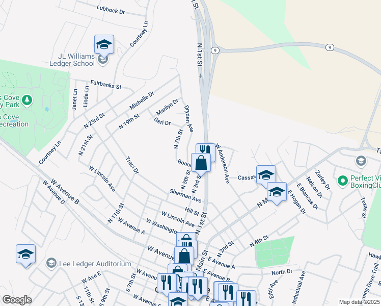 map of restaurants, bars, coffee shops, grocery stores, and more near 903 North 1st Street in Copperas Cove
