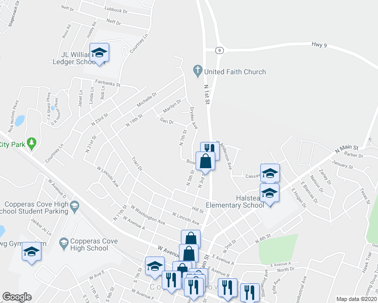 map of restaurants, bars, coffee shops, grocery stores, and more near 906 North 7th Street in Copperas Cove