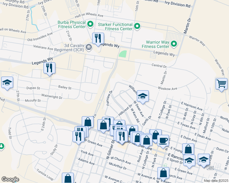 map of restaurants, bars, coffee shops, grocery stores, and more near 1608 Fairview Drive in Killeen
