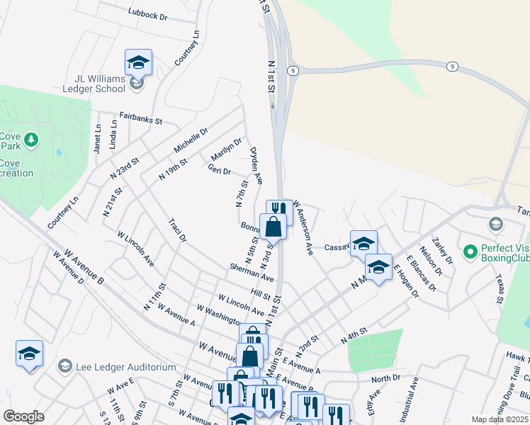 map of restaurants, bars, coffee shops, grocery stores, and more near 903 North 1st Street in Copperas Cove