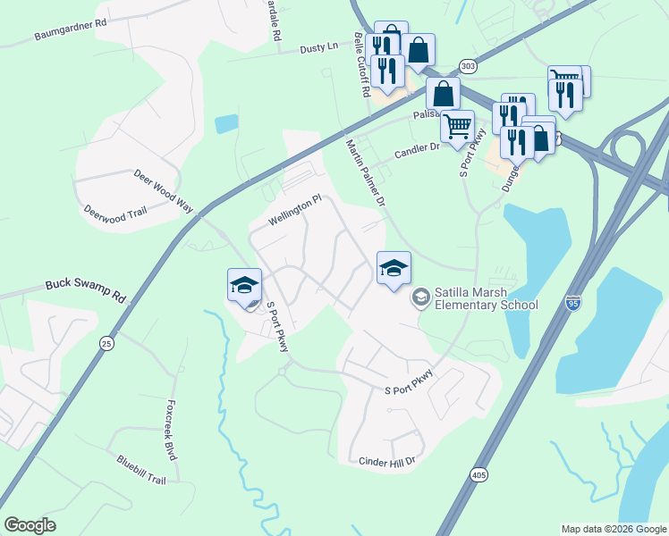 map of restaurants, bars, coffee shops, grocery stores, and more near 138 Arlington Way in Brunswick