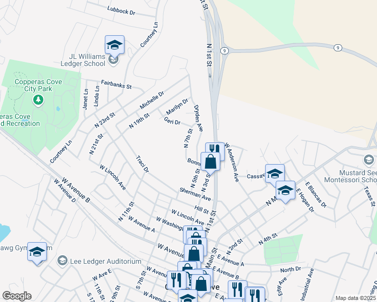 map of restaurants, bars, coffee shops, grocery stores, and more near 906 North 7th Street in Copperas Cove