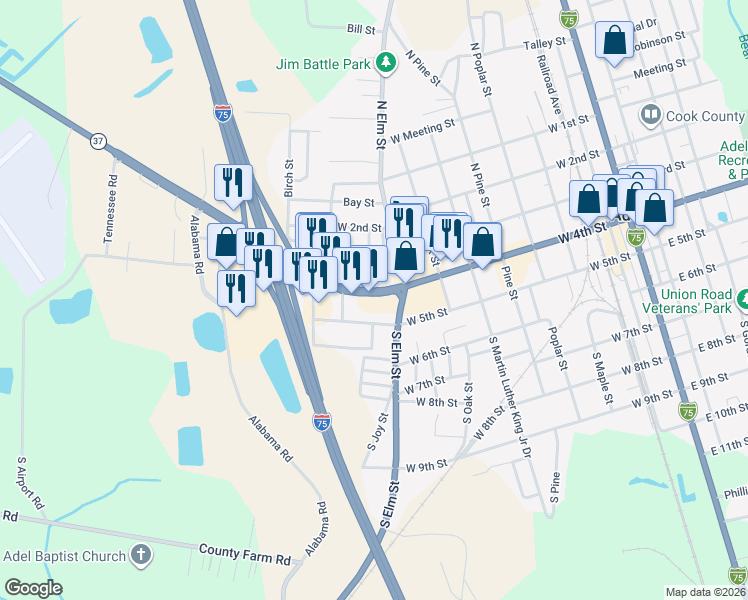 map of restaurants, bars, coffee shops, grocery stores, and more near 807 West 4th Street in Adel