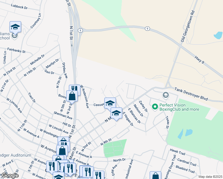 map of restaurants, bars, coffee shops, grocery stores, and more near 212 West Hogan Drive in Copperas Cove
