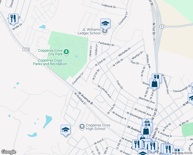 map of restaurants, bars, coffee shops, grocery stores, and more near 610 North 21st Street in Copperas Cove