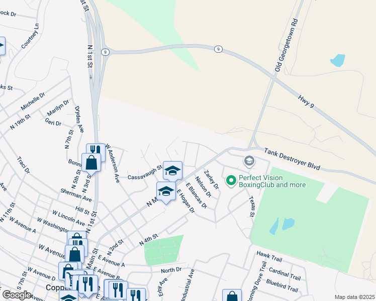 map of restaurants, bars, coffee shops, grocery stores, and more near 1619 North Main Street in Copperas Cove