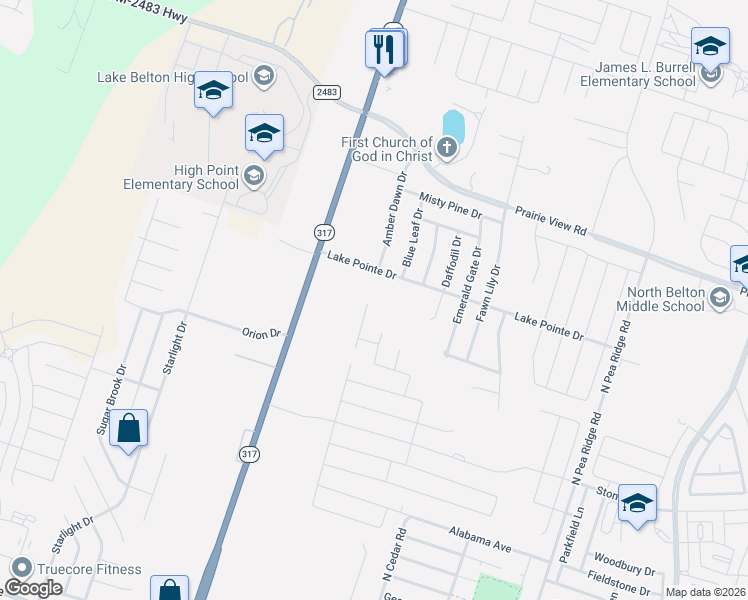 map of restaurants, bars, coffee shops, grocery stores, and more near 9303 Lake Pointe Drive in Temple