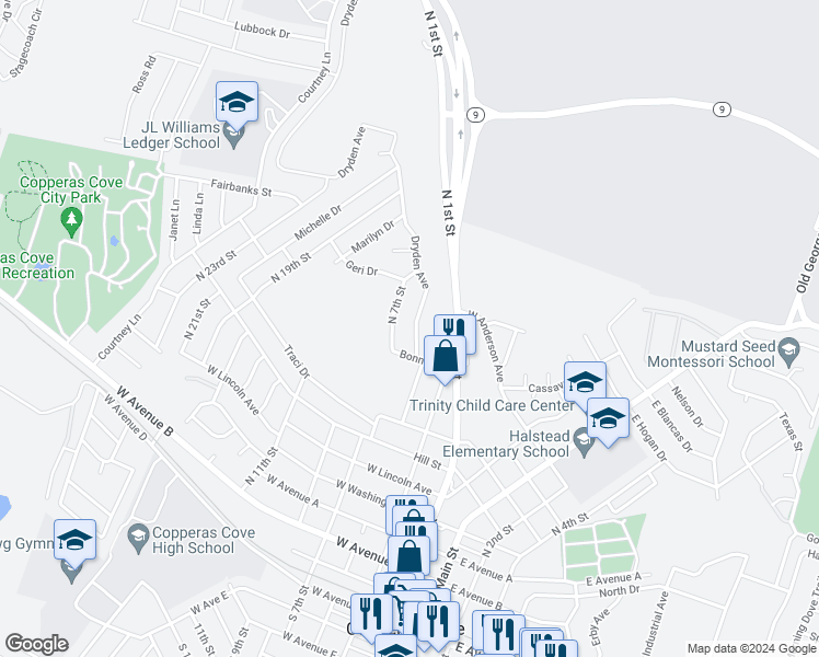 map of restaurants, bars, coffee shops, grocery stores, and more near 906 North 7th Street in Copperas Cove