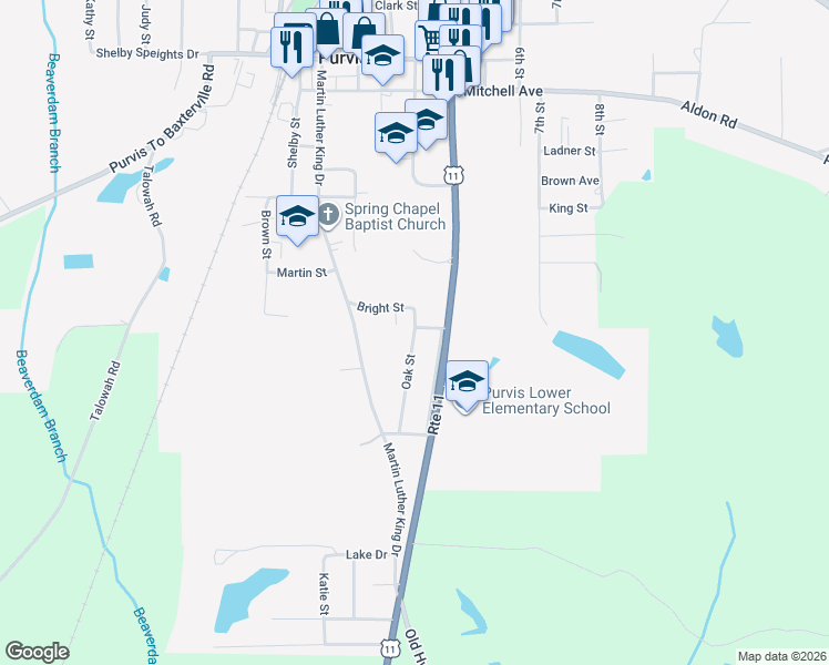 map of restaurants, bars, coffee shops, grocery stores, and more near 4 Oak Street in Purvis