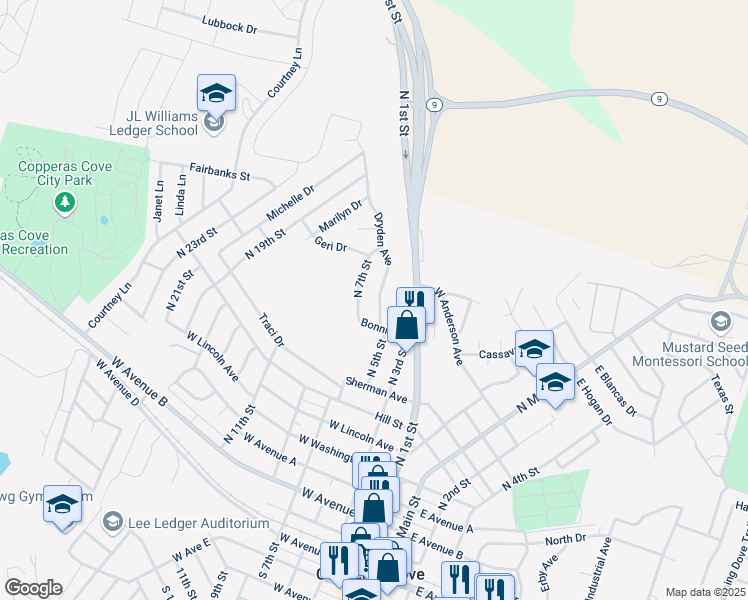 map of restaurants, bars, coffee shops, grocery stores, and more near 909 Dryden Avenue in Copperas Cove