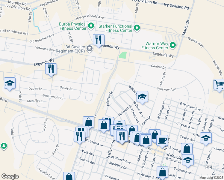 map of restaurants, bars, coffee shops, grocery stores, and more near 1608 Fairview Drive in Killeen