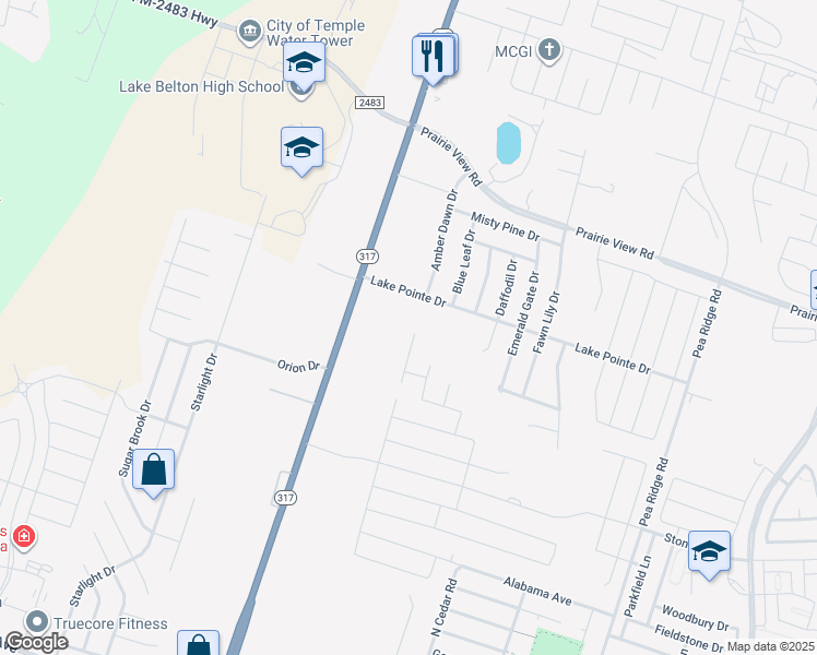 map of restaurants, bars, coffee shops, grocery stores, and more near 9303 Lake Pointe Drive in Temple