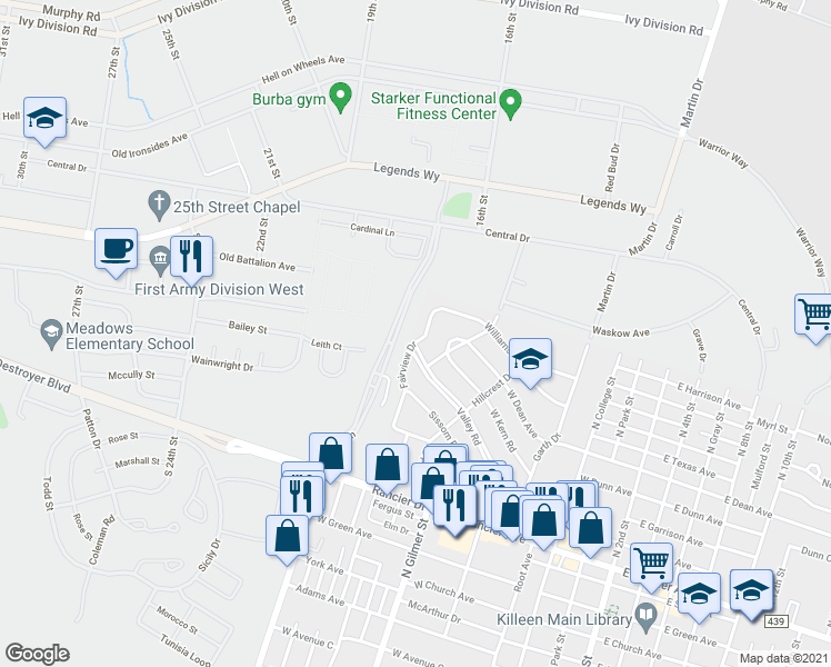 map of restaurants, bars, coffee shops, grocery stores, and more near 1701 Fairview Drive in Killeen