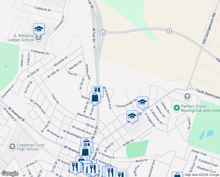map of restaurants, bars, coffee shops, grocery stores, and more near 402 Dillon Drive in Copperas Cove