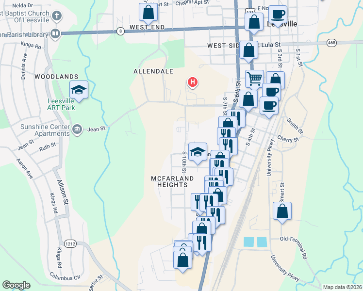 map of restaurants, bars, coffee shops, grocery stores, and more near 1006 South 10th Street in Leesville