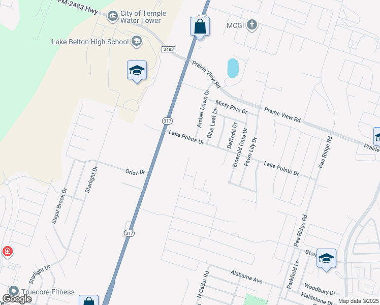 map of restaurants, bars, coffee shops, grocery stores, and more near 9303 Lake Pointe Drive in Temple