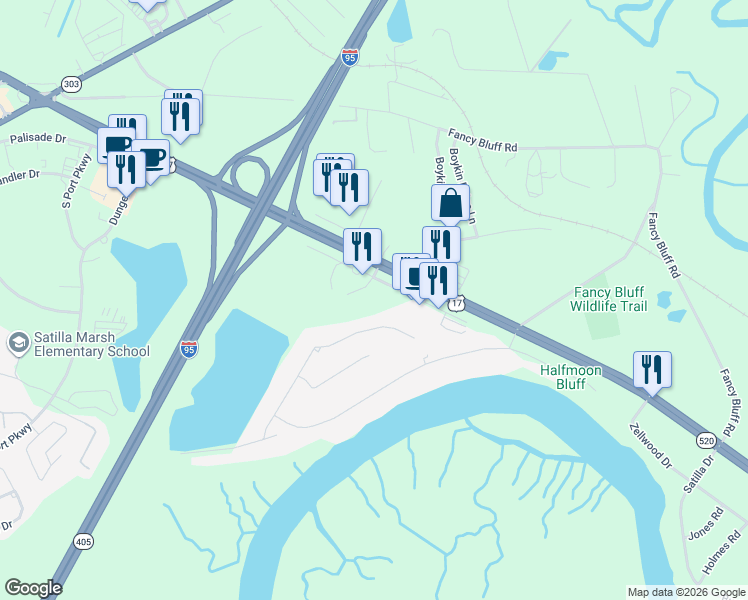 map of restaurants, bars, coffee shops, grocery stores, and more near 140 Frontage Road in Brunswick