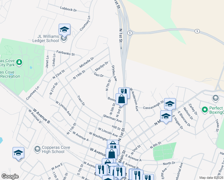 map of restaurants, bars, coffee shops, grocery stores, and more near 911 Dryden Avenue in Copperas Cove